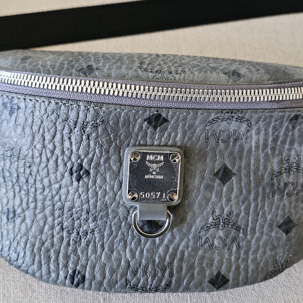 MCM Textured Gray Belt Bag with Silver Accents